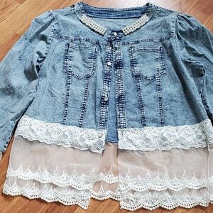 Elegant Blue Denim Jacket with Lace Accents